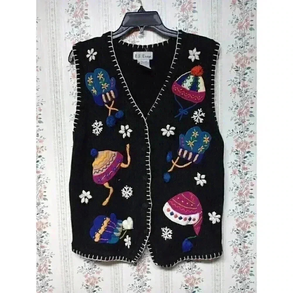 B.P Design size M black ramie cotton embroidered Christmas cardigan sweater